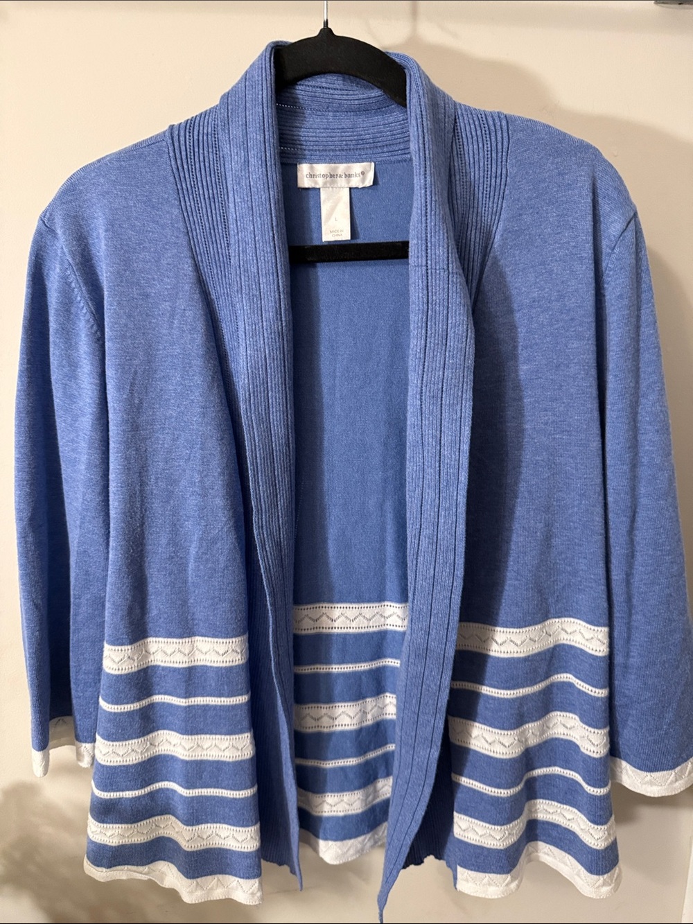 Christopher & Banks Periwinkle Open-Front Cardigan with White Striped Hem